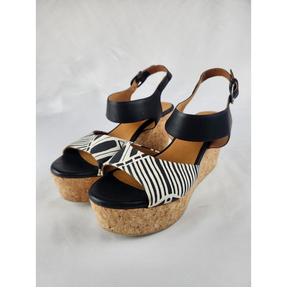 Coclico Black Womens 40.5 10 Geometric Leather Cork Wedge Platform Sandals Shoes